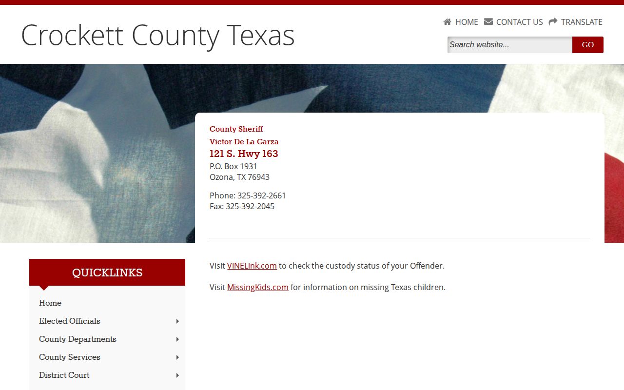 Crockett County Sheriff contact page for warrant and custody routing